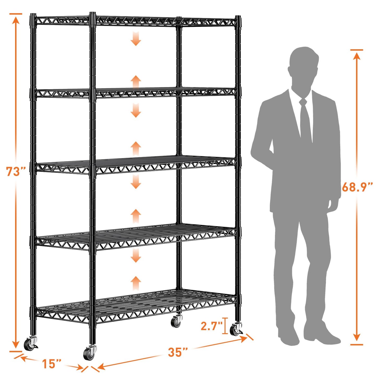 REIBII 5 Tier Wire Shelving,Storage Shelves Metal Shelves for Storage Loads 1200LBS,Adjustable Garage Shelving Heavy Duty Metal Shelving Storage Rack for Pantry Kitchen,71''HX35.5''WX14''D,Chrome