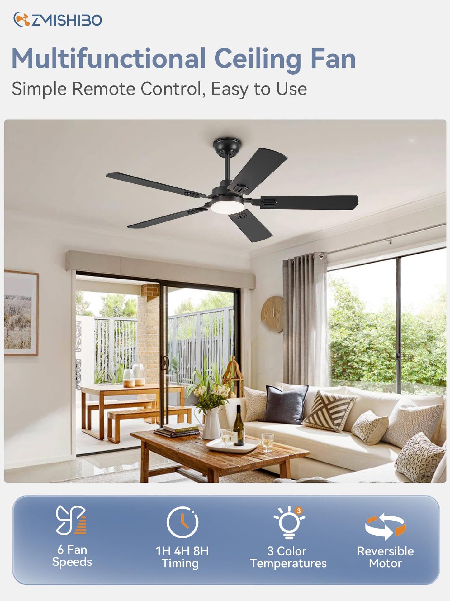 52" Ceiling Fans with Lights, Black Modern Ceiling Fan with Remote, Farmhouse Indoor Ceiling Fan with Dual Finish Blades, Quiet & Strong Motor, Bright LED Light.