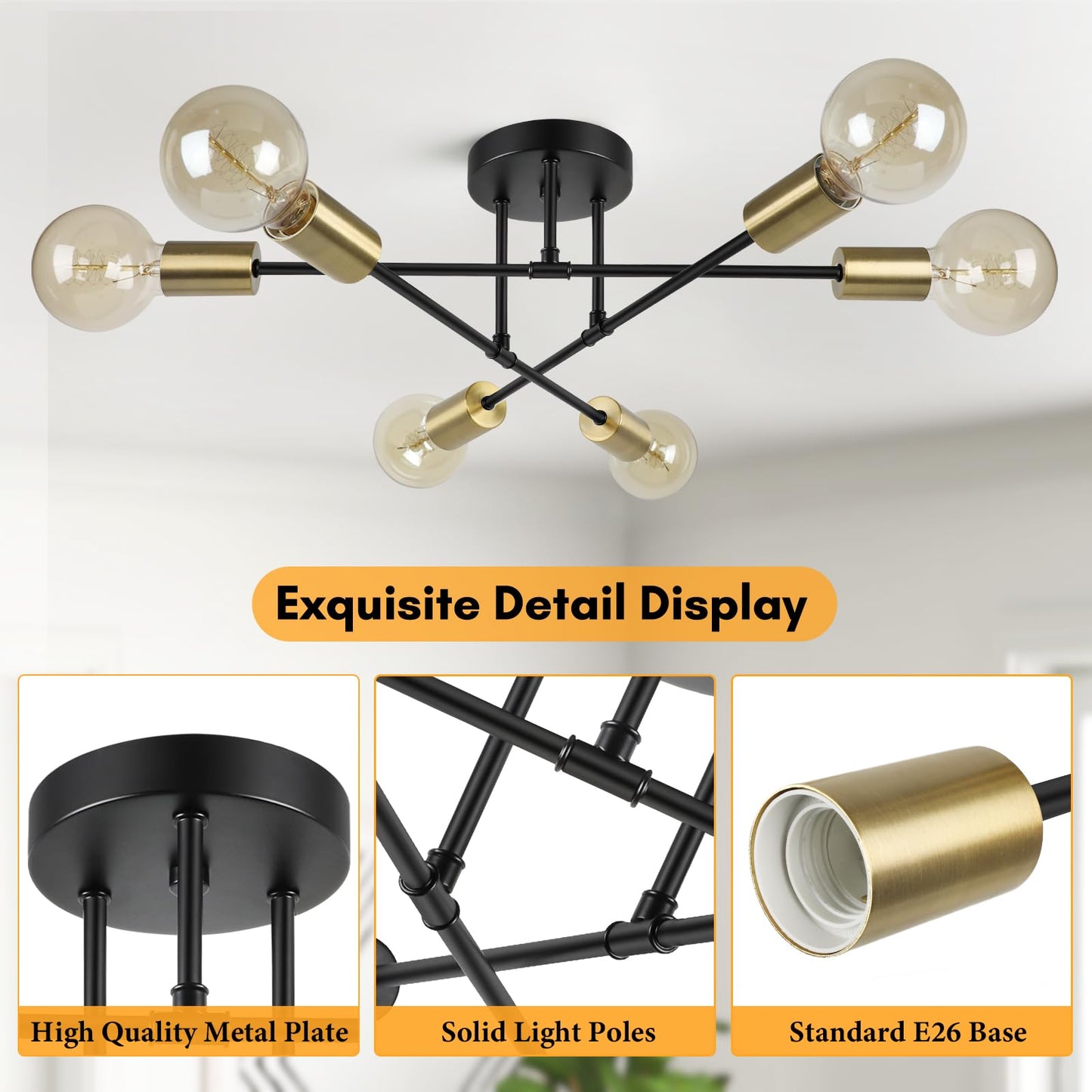 Modern Sputnik Chandelier 6-Light Industrial Ceiling Lights Fixture 22" Black Semi Flush Mount Ceiling Light with E26 Base Sputnik Lights Fixture for Dining Room Bedroom Foyer Hallway Living Room