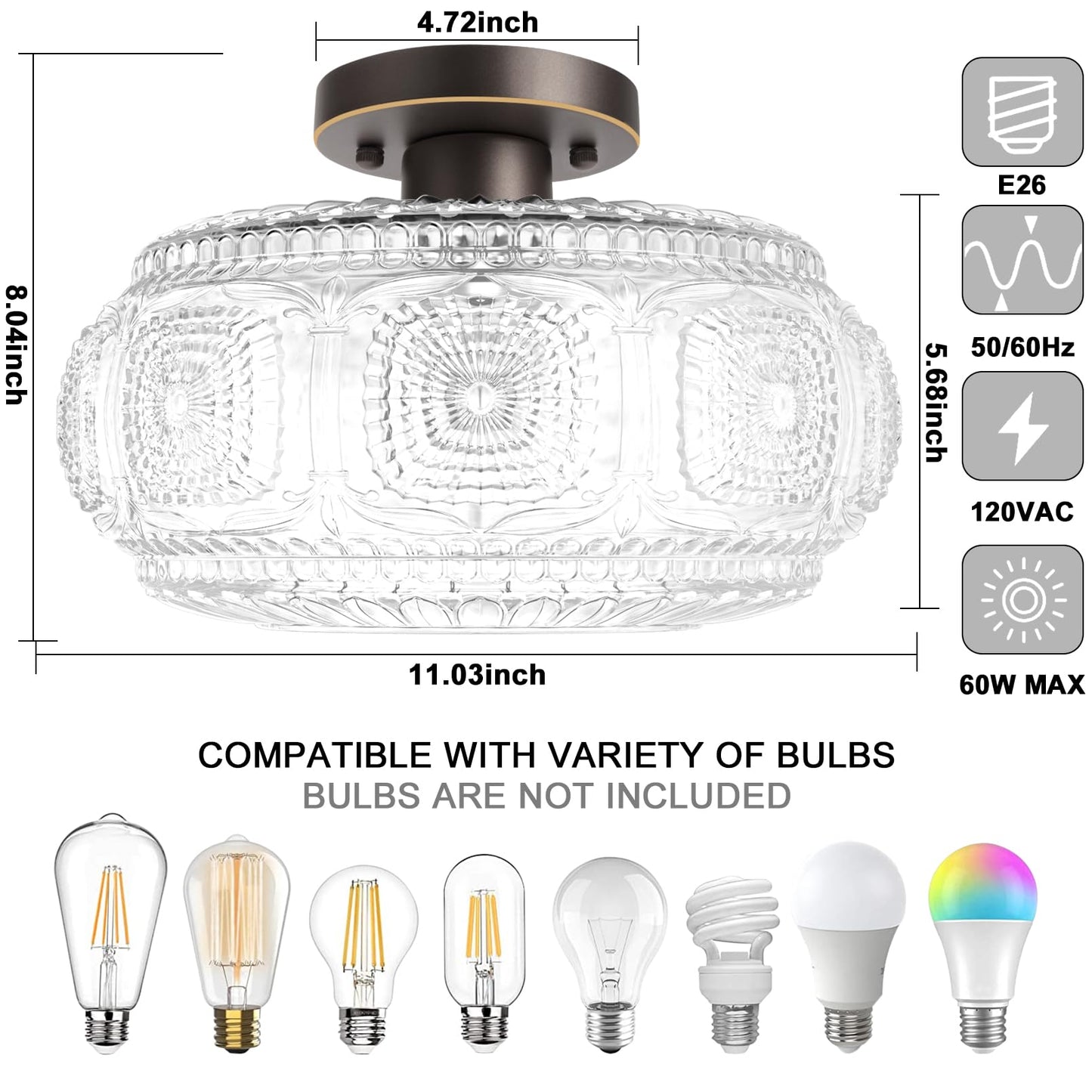 Semi Flush Mount Ceiling Light, Globe Glass Ceiling Light Fixture, Black Modern Lighting (Bulb Not Included)