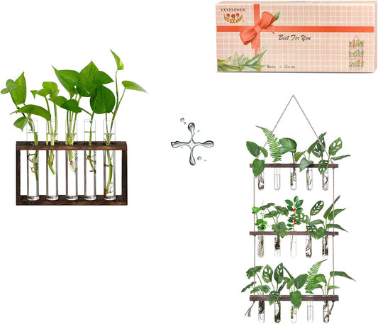 XXXFLOWER Wooden Stand with Test Tube Propagation Station Rack Desktop Hydroponics Terrarium Wall Terrarium for Home Office Plant Hanger Flower Vases Wall Decor Hydroponic Cuttings