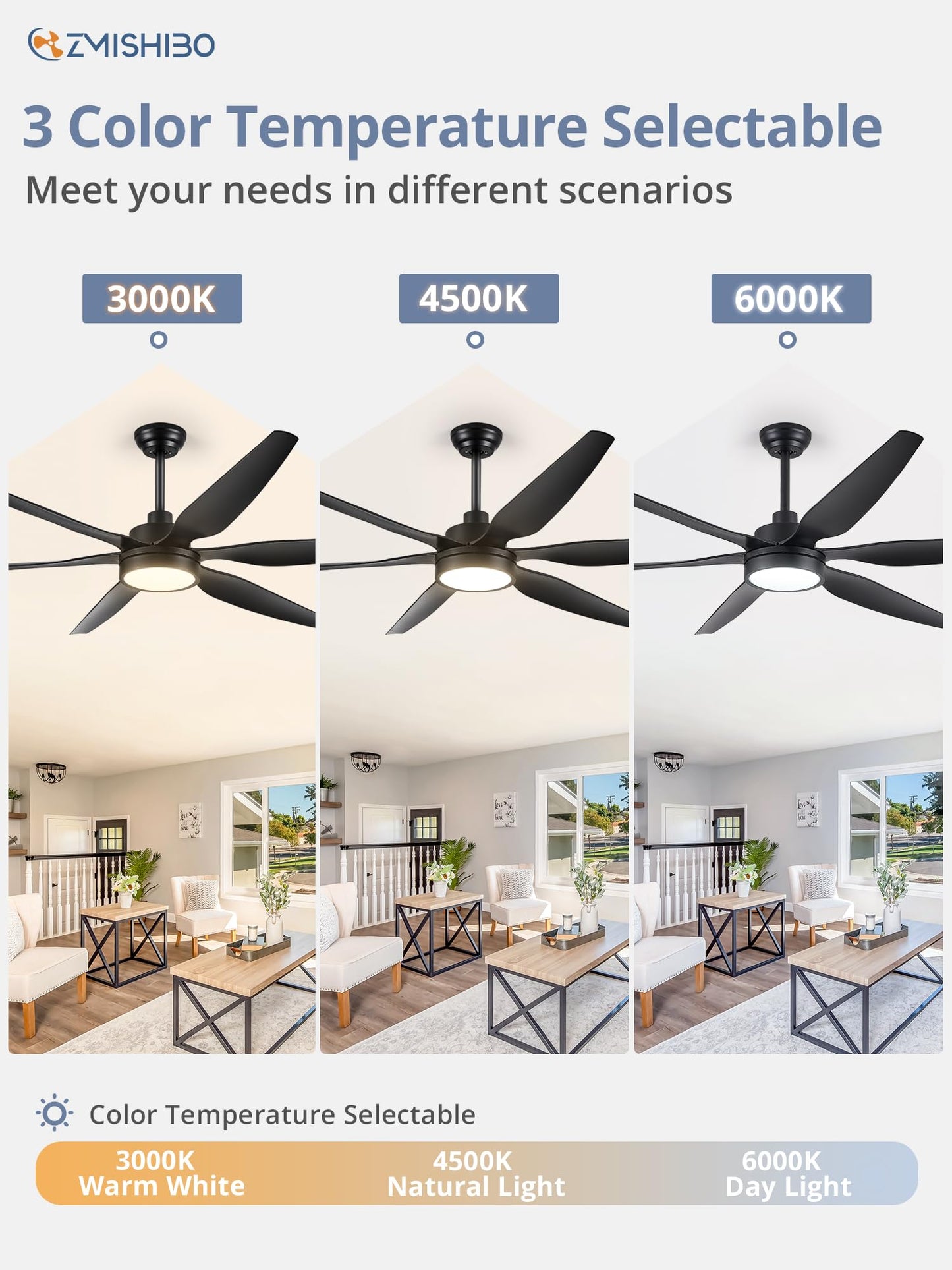 66 inch Large LED Ceiling Fans with Lights and Remote, Indoor/Outdoor Noiseless DC Motor Modern Black Ceiling Fan for Patio Living Room, 3 CCT, 6 Speed Reversible, 6 Blades