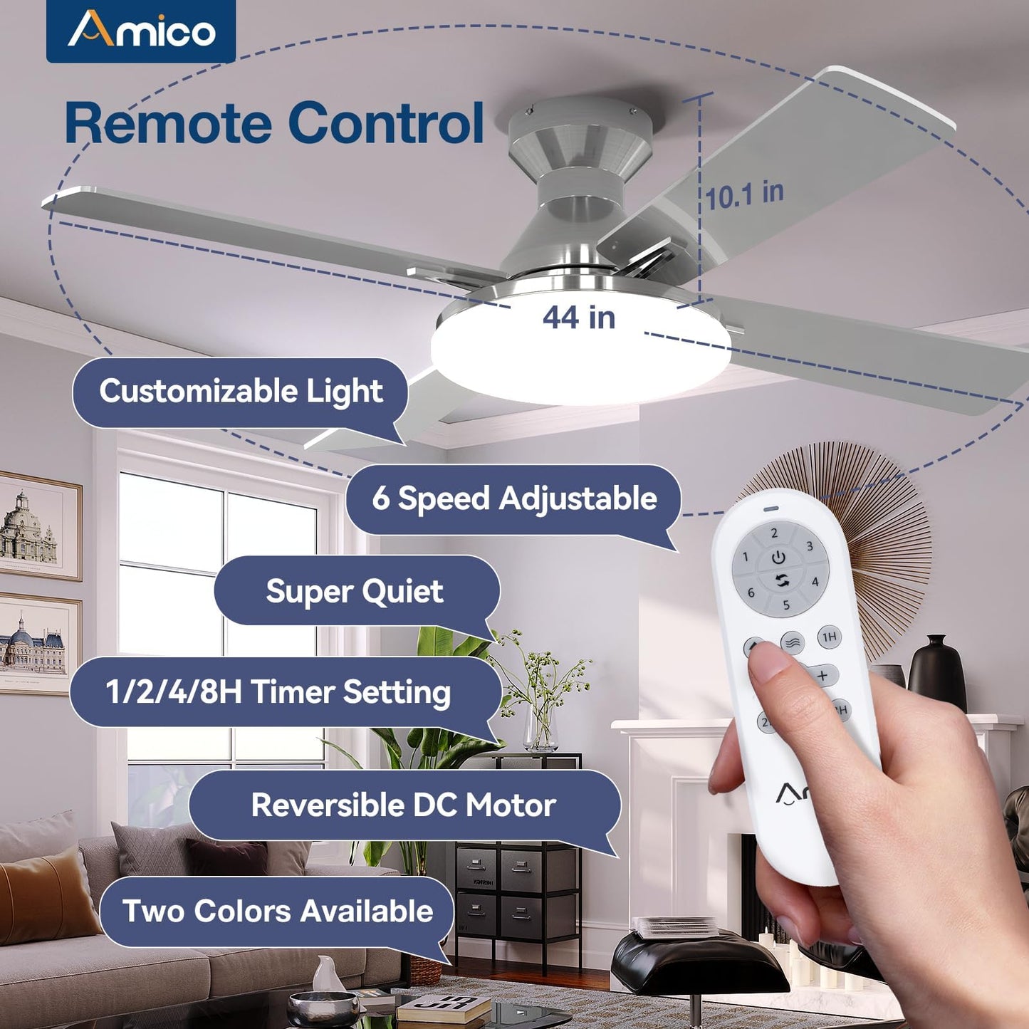 Amico Ceiling Fans with Lights, 44 inch Flush Mount Ceiling Fan with Light and Remote Control, Low Profile, Reversible, 5CCT Dimmable 4 Blades White Ceiling Fan for Bedroom Indoor/Outdoor Use