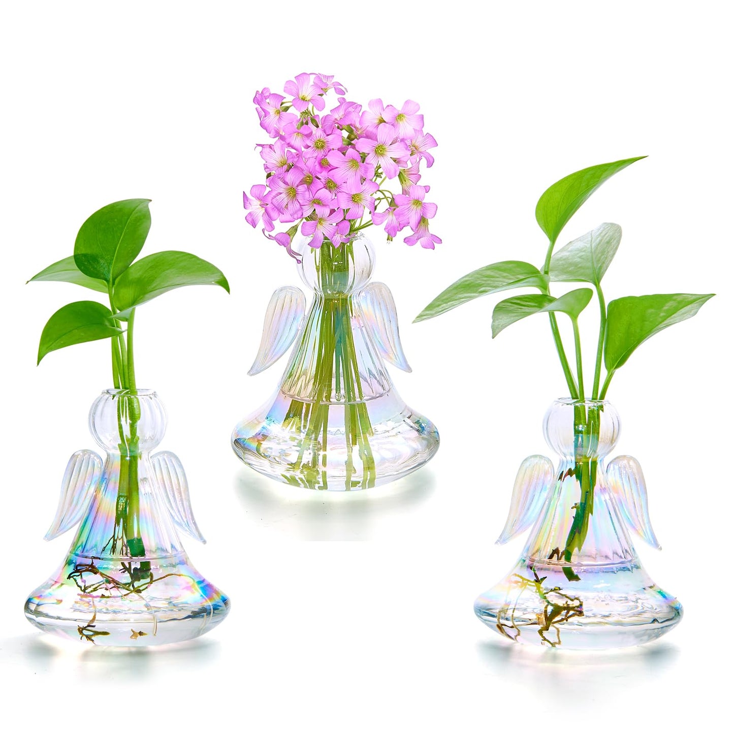 XXXFLOWER Plant Terrarium with Wooden Stand - 3 Bulb Vase+Angel Glass Terrarium Plant Starter Vases