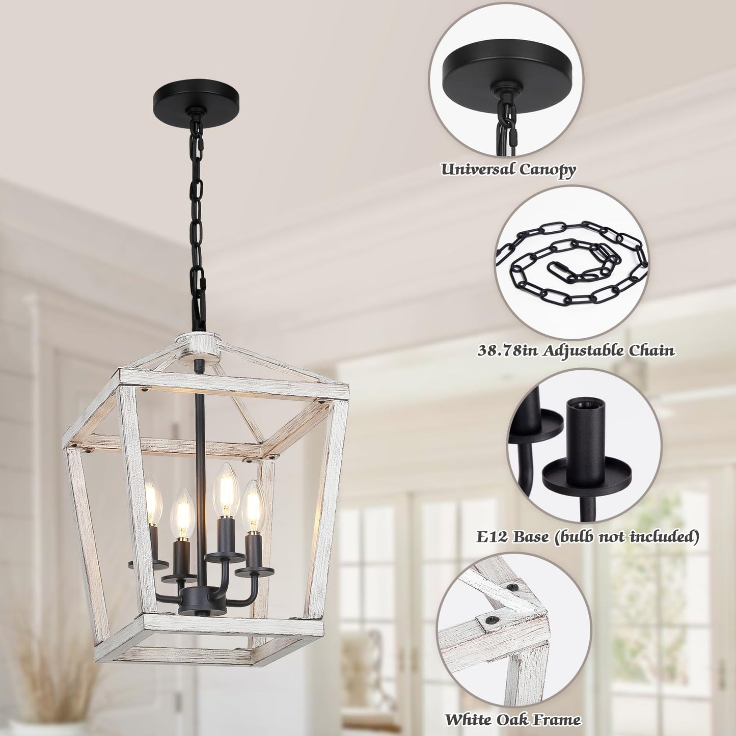 4 Light Chandelier, Industrial Ceiling Light Black Lantern Light Fixtures with Farmhouse Metal Cage Adjustable Height Rustic Geometric Hanging Light E12 Base for Kitchen Island, Entryway, Indoor