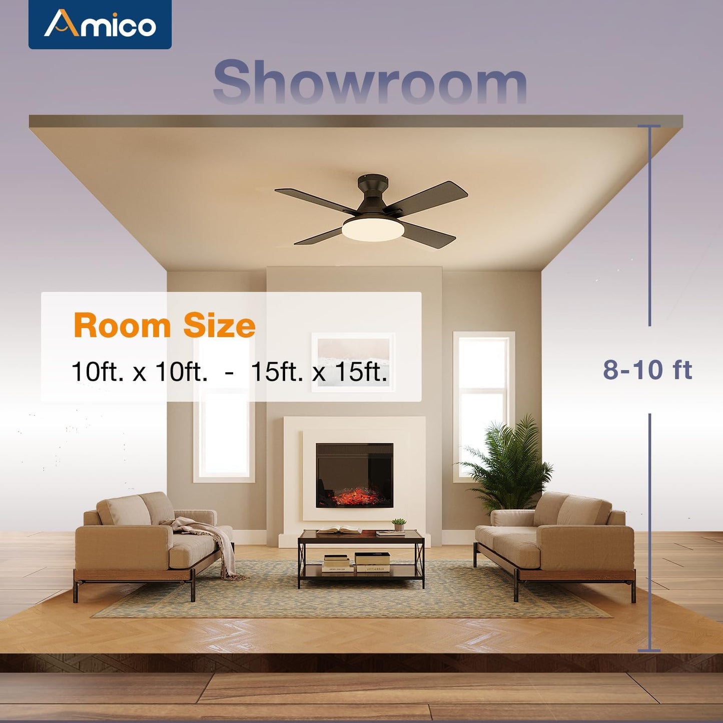 Amico Ceiling Fans with Lights, 44 inch Flush Mount Ceiling Fan with Light and Remote Control, Low Profile, Reversible, 5CCT Dimmable 4 Blades White Ceiling Fan for Bedroom Indoor/Outdoor Use