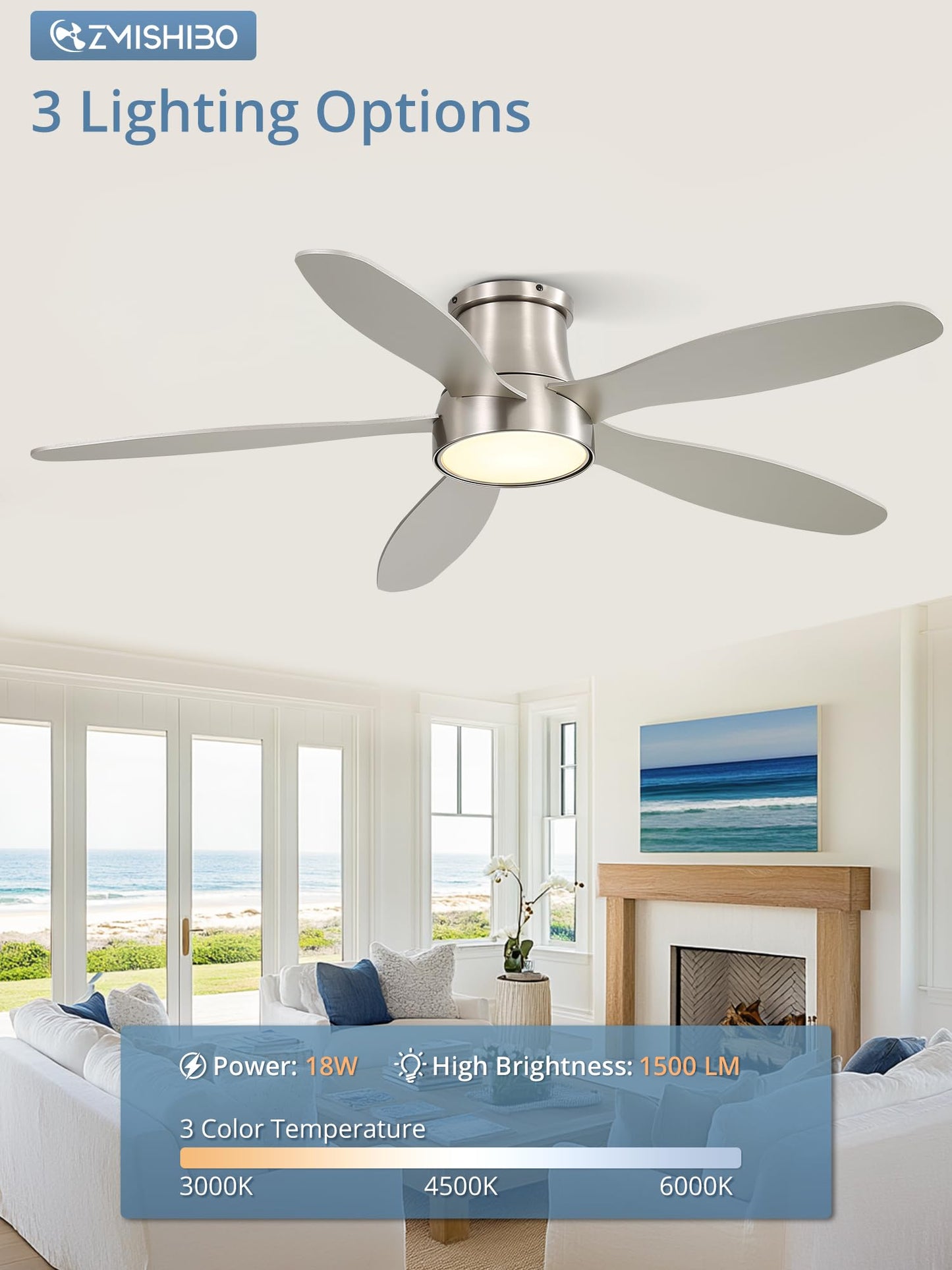 52 Inch Ceiling Fans with Lights, Flush Mount Low Profile Ceiling Fan with Remote, Reversible, 3CCT, Noiseless, LED Ceiling Fan Lighting Fixture for Bedroom, Kitchen, Indoor-Black