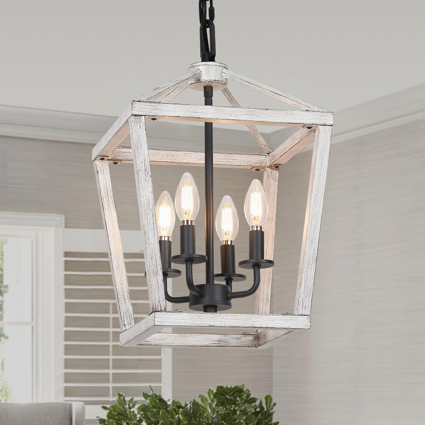 4 Light Chandelier, Industrial Ceiling Light Black Lantern Light Fixtures with Farmhouse Metal Cage Adjustable Height Rustic Geometric Hanging Light E12 Base for Kitchen Island, Entryway, Indoor