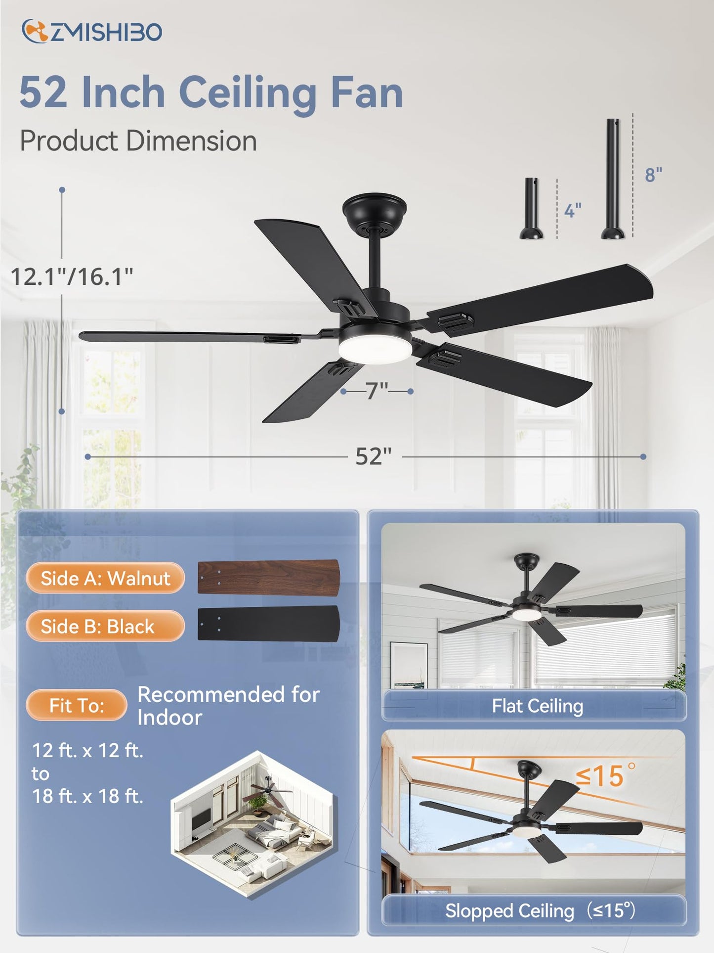 52" Ceiling Fans with Lights, Black Modern Ceiling Fan with Remote, Farmhouse Indoor Ceiling Fan with Dual Finish Blades, Quiet & Strong Motor, Bright LED Light.