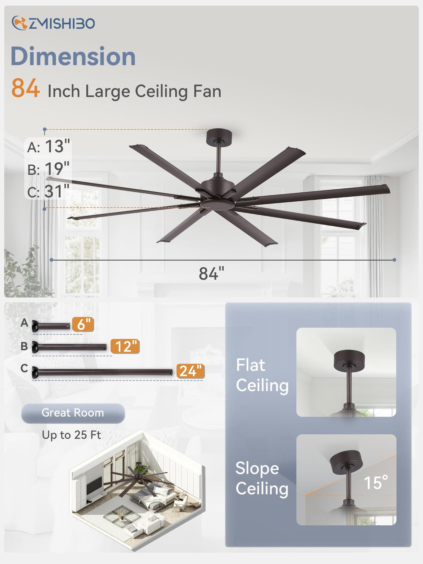 84 Inch Industrial DC Motor Ceiling Fan, Large Ceiling Fan with 8 Reversible Blades, 3 Downrods, 6-Speed Remote Control, Home or Commercial Ceiling Fans for Porch/Garage/Shop, Black