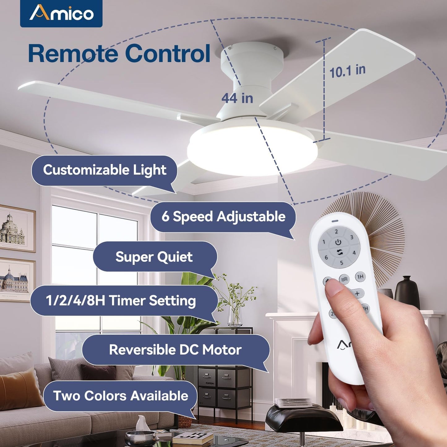 Amico Ceiling Fans with Lights, 44 inch Flush Mount Ceiling Fan with Light and Remote Control, Low Profile, Reversible, 5CCT Dimmable 4 Blades White Ceiling Fan for Bedroom Indoor/Outdoor Use