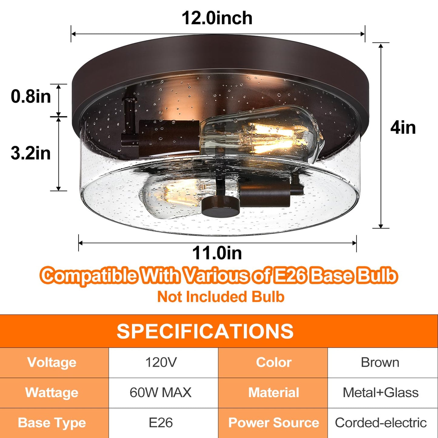 Black Flush Mount Ceiling Light Fixtures, 2-Light Ceiling Mount for Farmhouse with Seeded Glass Lampshade, Industrial Flush Mount Light Fixture Farmhouse for Hallway, Kitchen, Entryway and Foyer