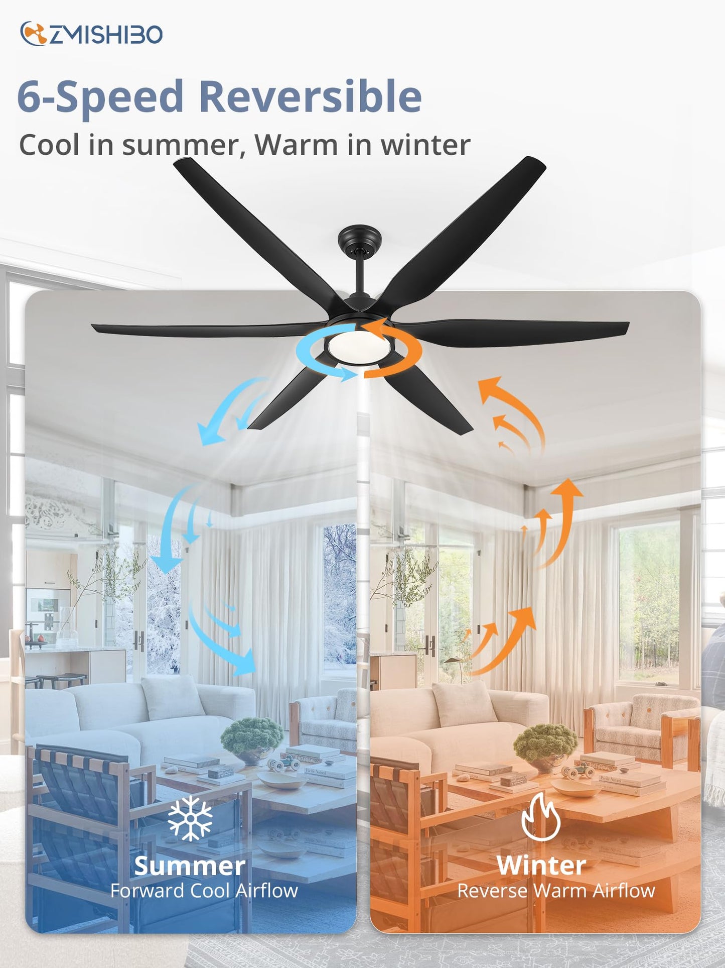 66 inch Large LED Ceiling Fans with Lights and Remote, Indoor/Outdoor Noiseless DC Motor Modern Black Ceiling Fan for Patio Living Room, 3 CCT, 6 Speed Reversible, 6 Blades