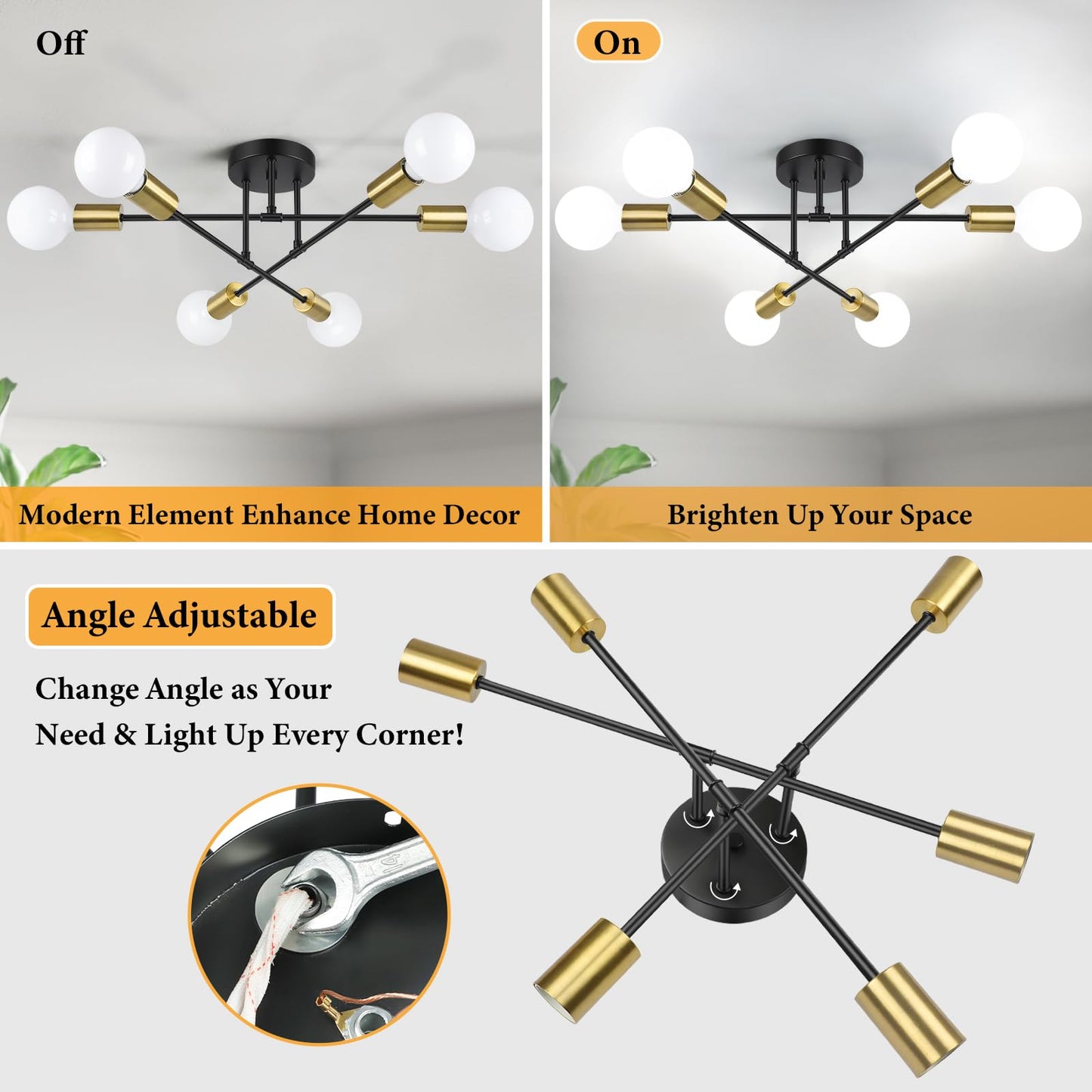 Modern Sputnik Chandelier 6-Light Industrial Ceiling Lights Fixture 22" Black Semi Flush Mount Ceiling Light with E26 Base Sputnik Lights Fixture for Dining Room Bedroom Foyer Hallway Living Room