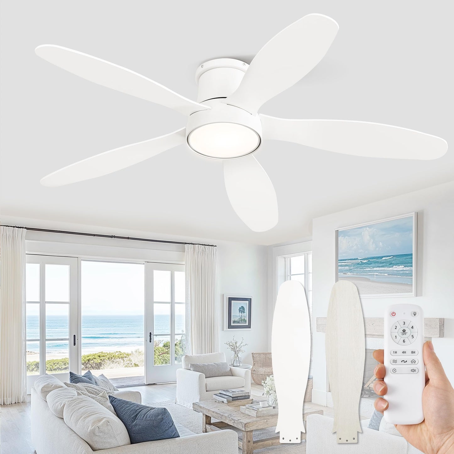 52 Inch Ceiling Fans with Lights, Flush Mount Low Profile Ceiling Fan with Remote, Reversible, 3CCT, Noiseless, LED Ceiling Fan Lighting Fixture for Bedroom, Kitchen, Indoor-Black