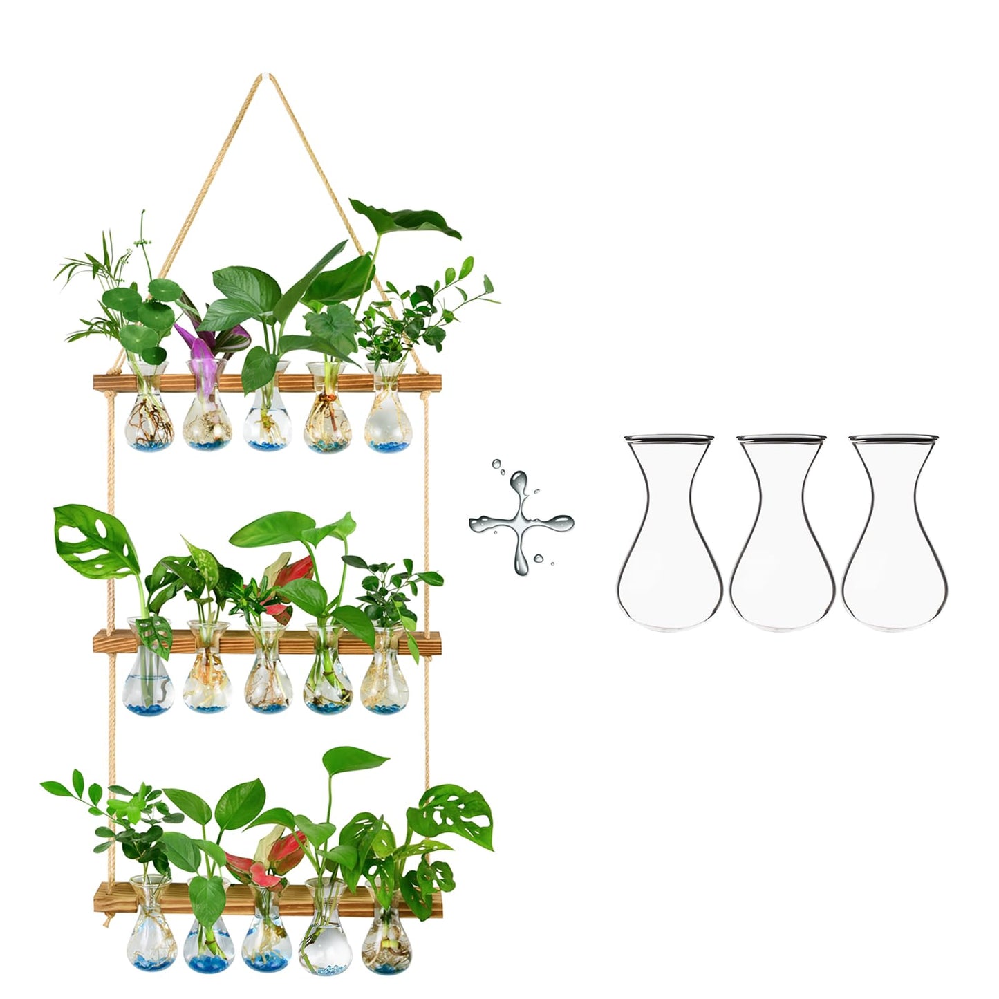 XXXFLOWER Wall Hanging Propagation Station with Wooden Stand 5 Bulb Vase 3 Tiered Planters Wall Terrarium+Flower Vases Accessories-3 Bulb Vase