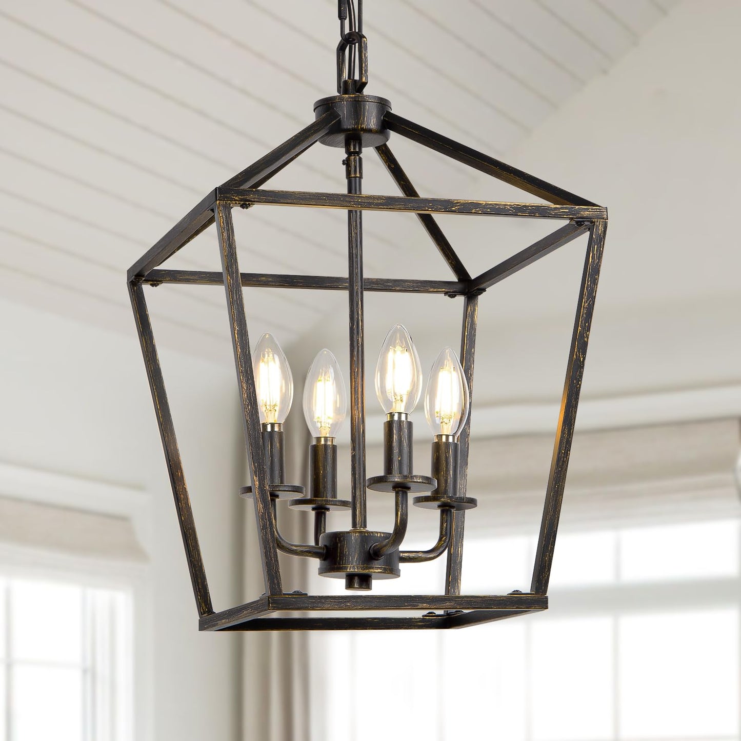 4 Light Chandelier, Industrial Ceiling Light Black Lantern Light Fixtures with Farmhouse Metal Cage Adjustable Height Rustic Geometric Hanging Light E12 Base for Kitchen Island, Entryway, Indoor