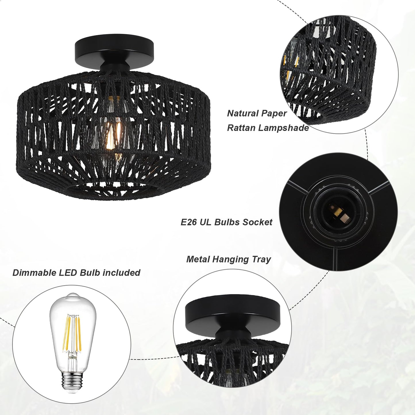 Light Fixtures Ceiling Mount,Mini Rattan Chandelier Light Fixture with Dimmable LED Bulb