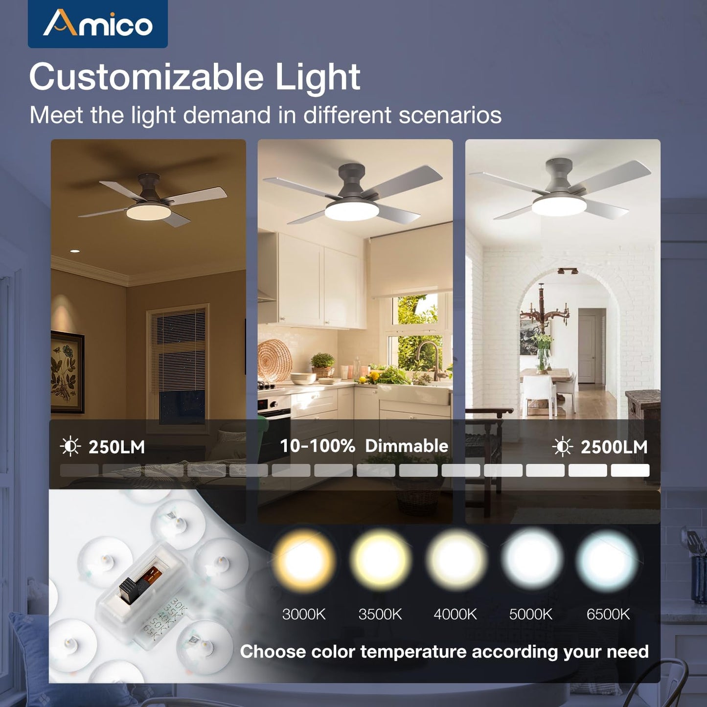 Amico Ceiling Fans with Lights, 44 inch Flush Mount Ceiling Fan with Light and Remote Control, Low Profile, Reversible, 5CCT Dimmable 4 Blades White Ceiling Fan for Bedroom Indoor/Outdoor Use