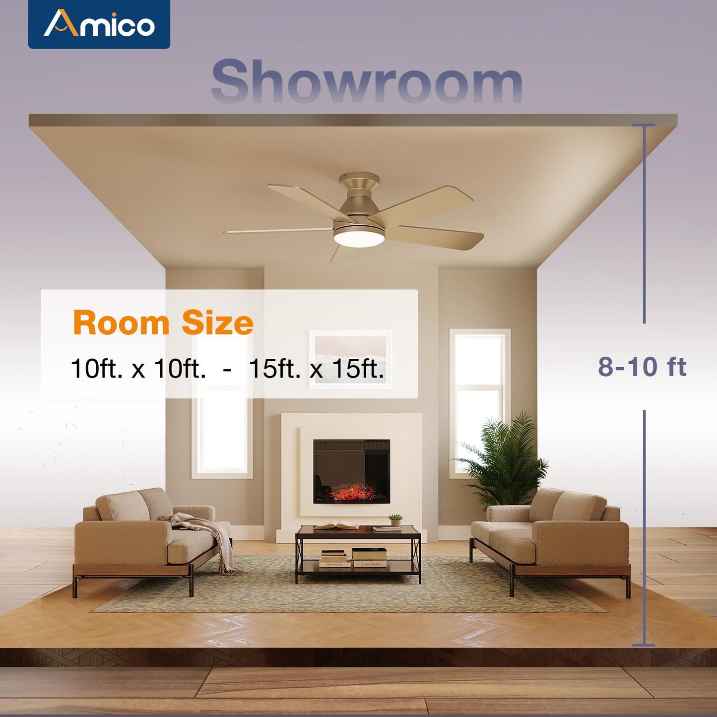 Amico Ceiling Fans with Lights, 42 Inch Low Profile Ceiling Fan with Light and Remote Control, Flush Mount, Reversible, 3CCT, Dimmable, Quiet, White Small Ceiling Fan for Bedroom Outdoor/Indoor Use