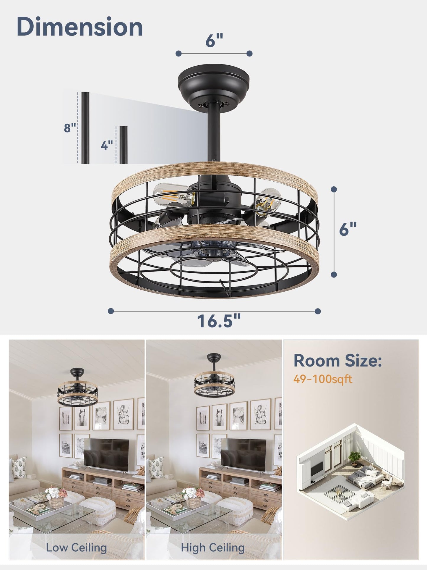 16.5 inch Black Caged Ceiling Fan with Light (6 Speed, Timing）