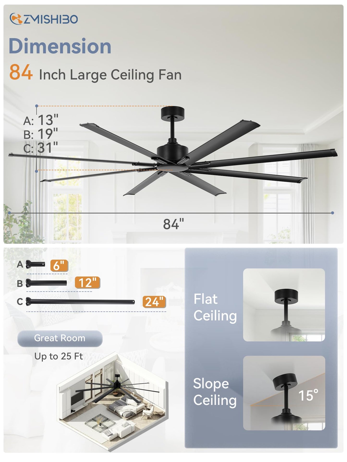 84 Inch Industrial DC Motor Ceiling Fan, Large Ceiling Fan with 8 Reversible Blades, 3 Downrods, 6-Speed Remote Control, Home or Commercial Ceiling Fans for Porch/Garage/Shop, Black