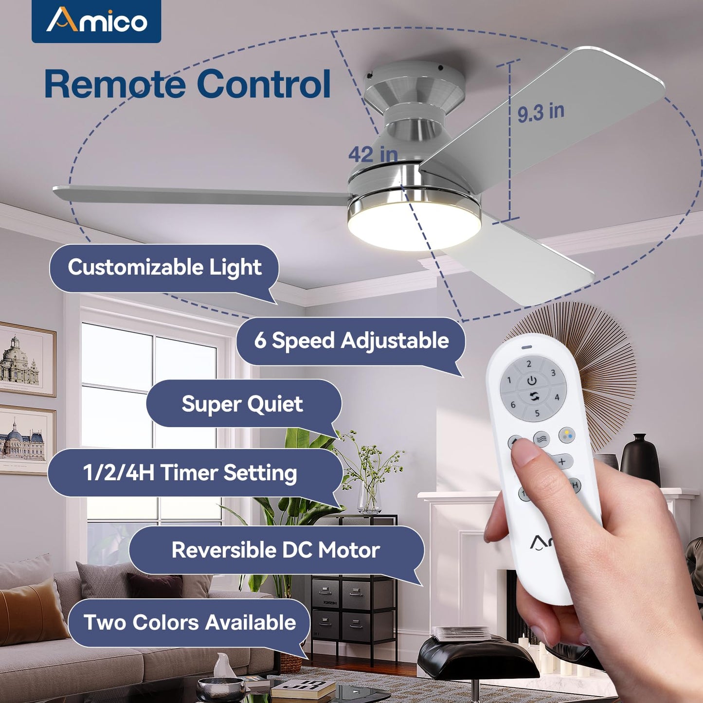 Amico Ceiling Fans with Lights, 42 inch Low Profile Ceiling Fan with Light and Remote Control, Flush Mount, Reversible, 3CCT, Dimmable, Noiseless, Black Ceiling Fan for Bedroom, Indoor/Outdoor Use