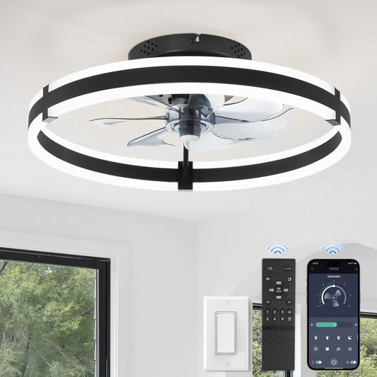 Ceiling Fans with Lights and Remote, 19.7'' Low Profile Ceiling Fans, 3000-6000K Dimmable Modern Flush Mount LED Fan Light, 6 Wind Speeds, Black Fandelier Ceiling Fans with Lights for Bedroom