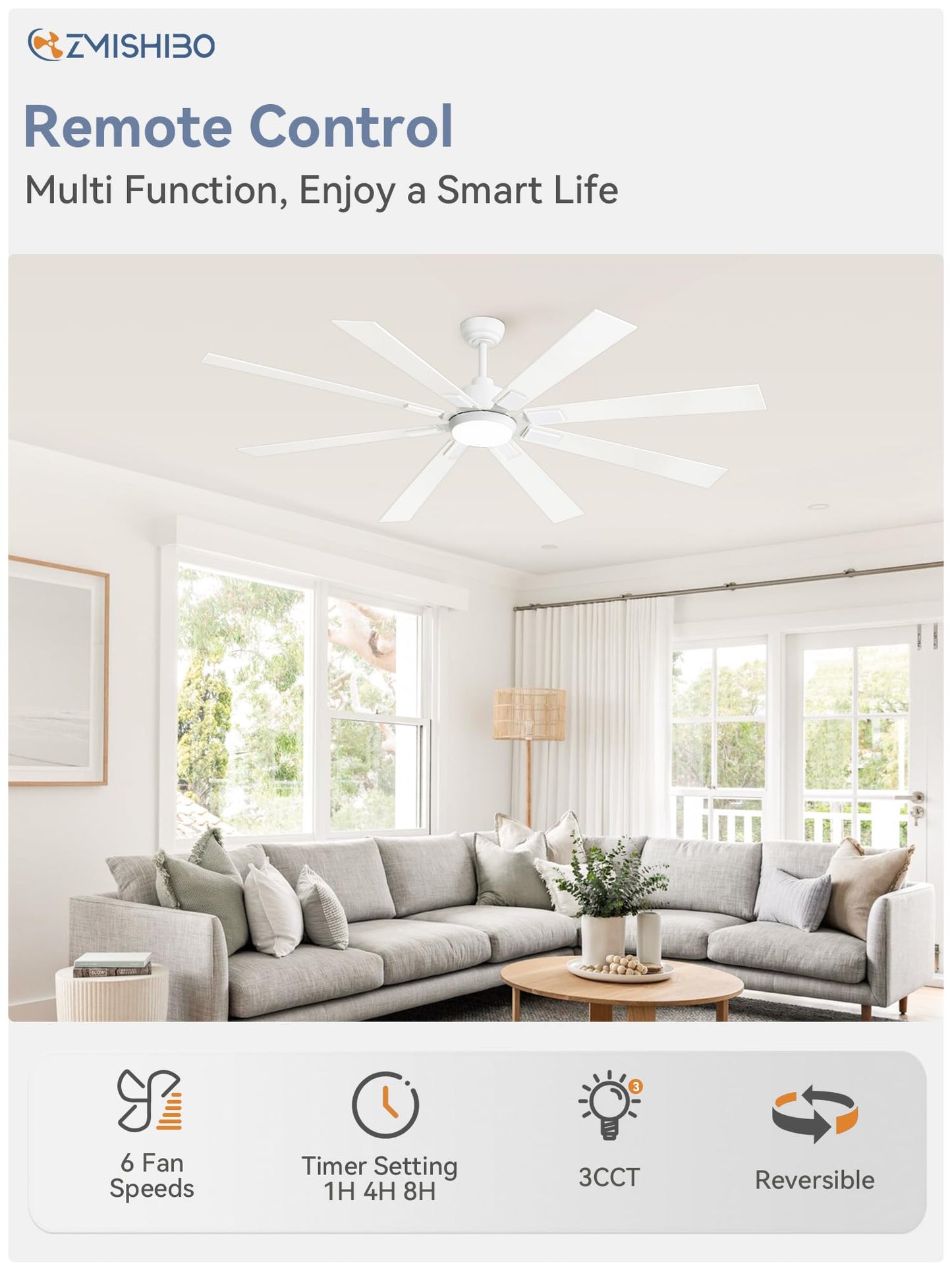 72 inch Large Ceiling Fans with Lights and Remote, Indoor/Outdoor Black Modern Ceiling Fan for Kitchen Living Room Patio, 6 Speed Reversible Quiet DC Motor, 3 CCT, Dual Finish 8 Blades