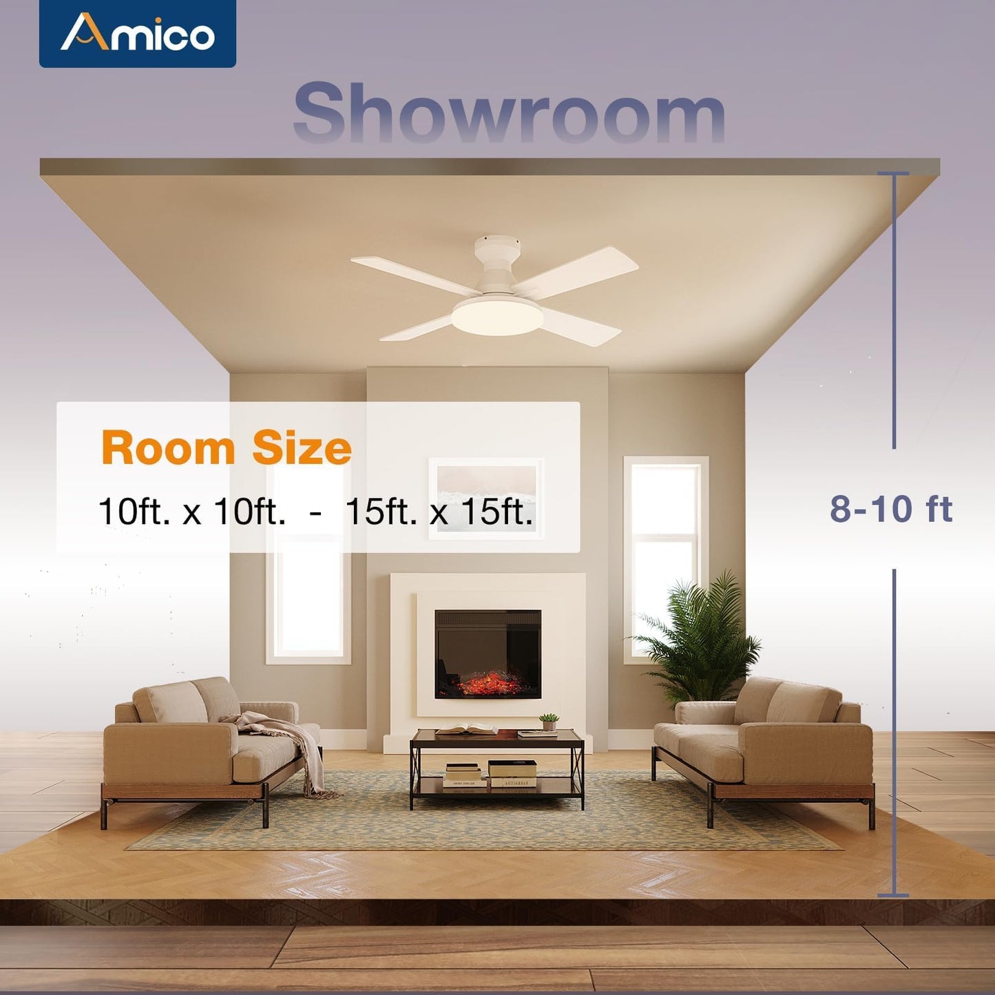 Amico Ceiling Fans with Lights, 44 inch Flush Mount Ceiling Fan with Light and Remote Control, Low Profile, Reversible, 5CCT Dimmable 4 Blades White Ceiling Fan for Bedroom Indoor/Outdoor Use