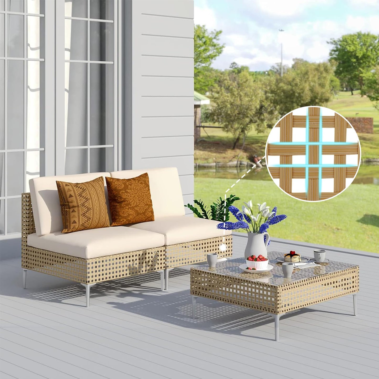 Grand patio 7-Piece Wicker Patio Furniture Set, Boho Outdoor Conversation Set Sectional Sofa with Water Resistant Thick Cushions and Coffee Table, Beige