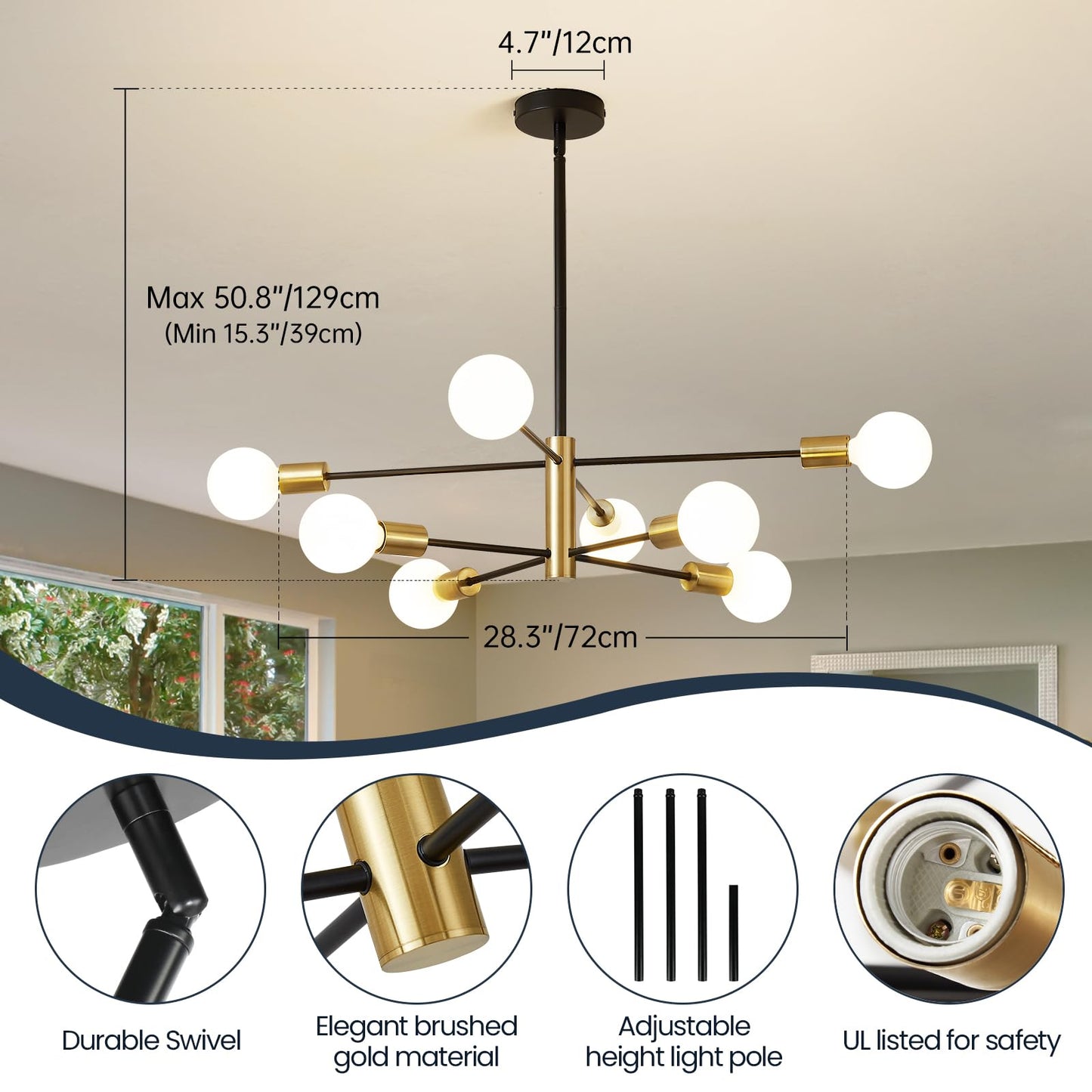 Modern Chandelier Ceiling Light Fixture Sputnik Chandeliers Gold and Black Farmhouse Chandelier Over Table 12-Light Height Adjustable Chandeliers for Dining Room, Living Room,Kitchen Island