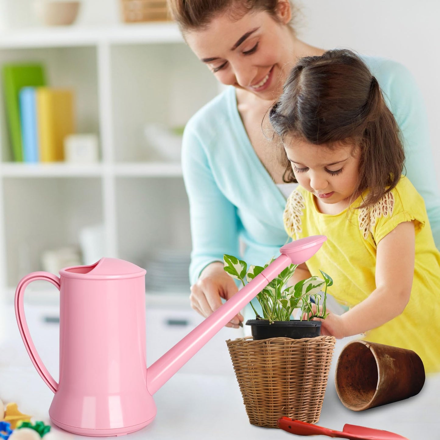 XXXFLOWER 1/2 Gallon Small Indoor Plant Watering Can, 2L Long Spout Removable Nozzle Flower Watering Pot for Office House Indoor Garden（Pink,67 oz）