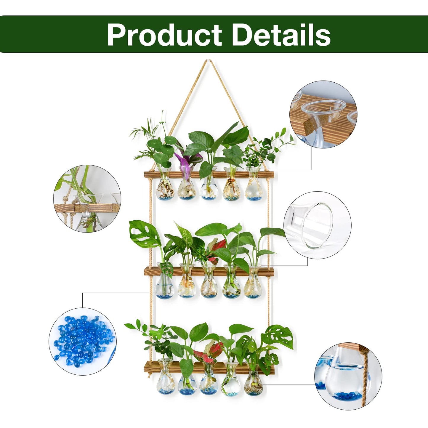 XXXFLOWER Wall Hanging Propagation Station with Wooden Stand 5 Bulb Vase 3 Tiered Planters Wall Terrarium+Flower Vases Accessories-3 Bulb Vase