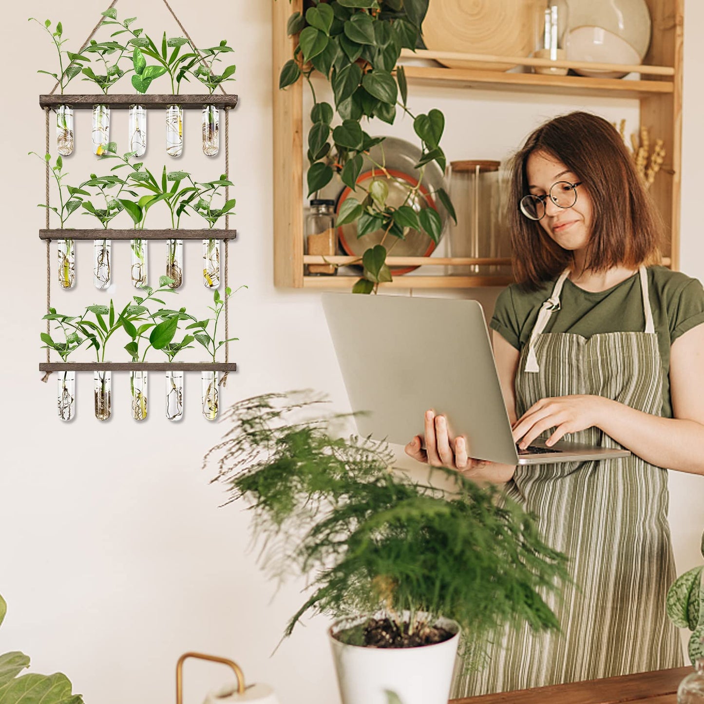 XXXFLOWER Wall Hanging Propagation Station with Wooden Stand 5 Glass Test Tubes+Glass Plant Mister Spray Bottle