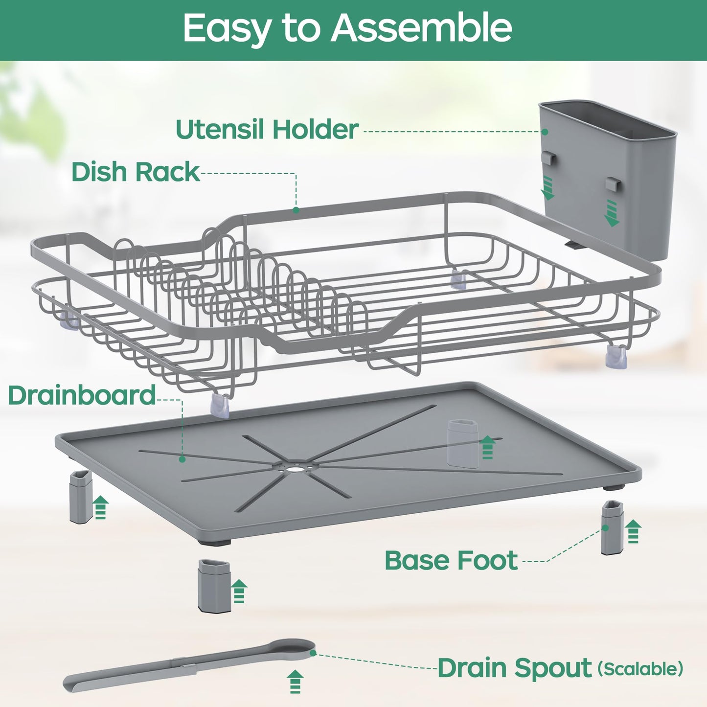 ROTTOGOON Dish Drying Rack, Stainless Steel Rustproof Dish Rack for Kitchen Counter, Sturdy Dish Drainer with Drainboard, Drainage, Utensil Holder for Various Kitchenware, 16.2"(L) x 12.6"(W), Black