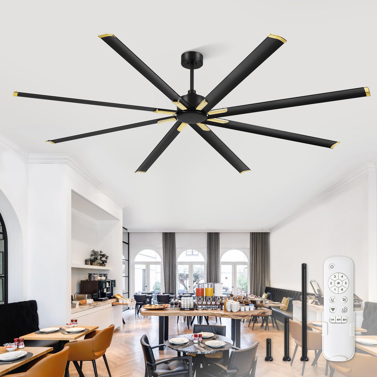 96 Inch Industrial DC Motor Ceiling Fan, Large Ceiling Fan with 8 Reversible Blades, 3 Downrods, 6-Speed Remote Control, Home or Commercial Ceiling Fans for Porch/Garage/Shop, Black