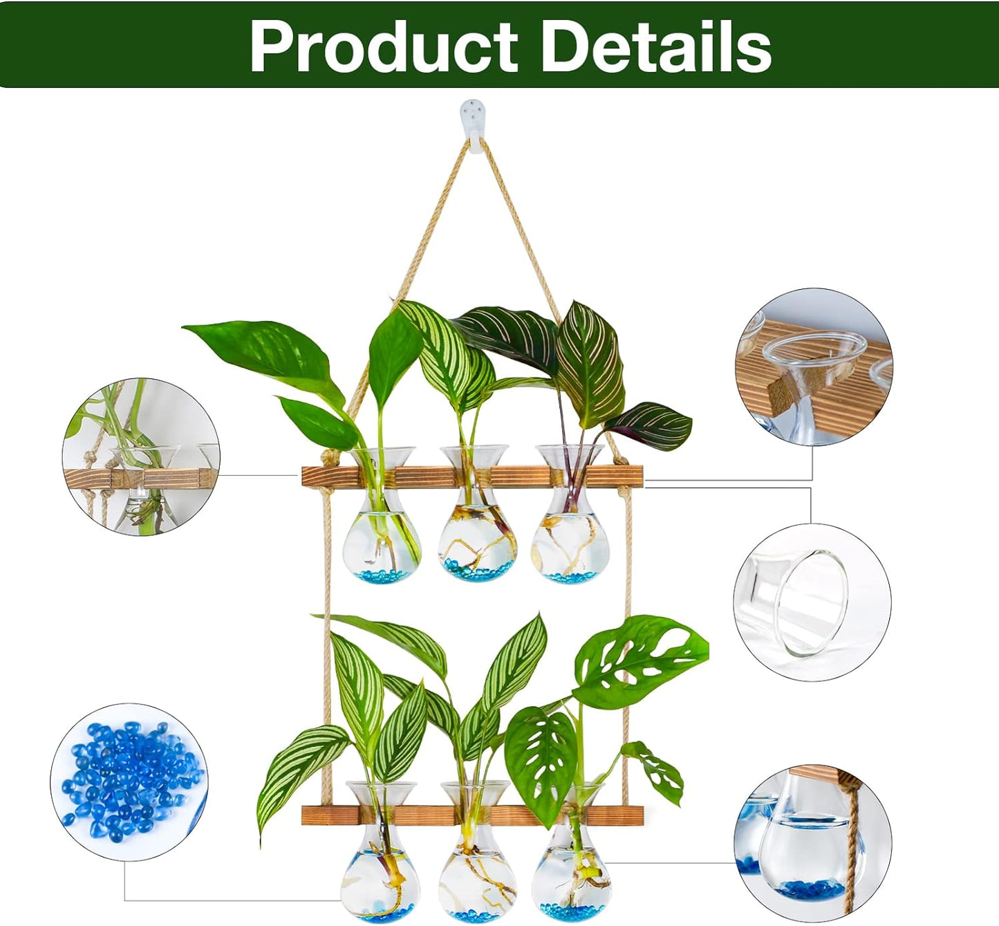 XXXFLOWER Wall Hanging Propagation Station with Wooden Stand 3 Bulb Vase 2 Tiered Planters Wall Terrarium+Flower Vases Accessories-2 Bulb Vase