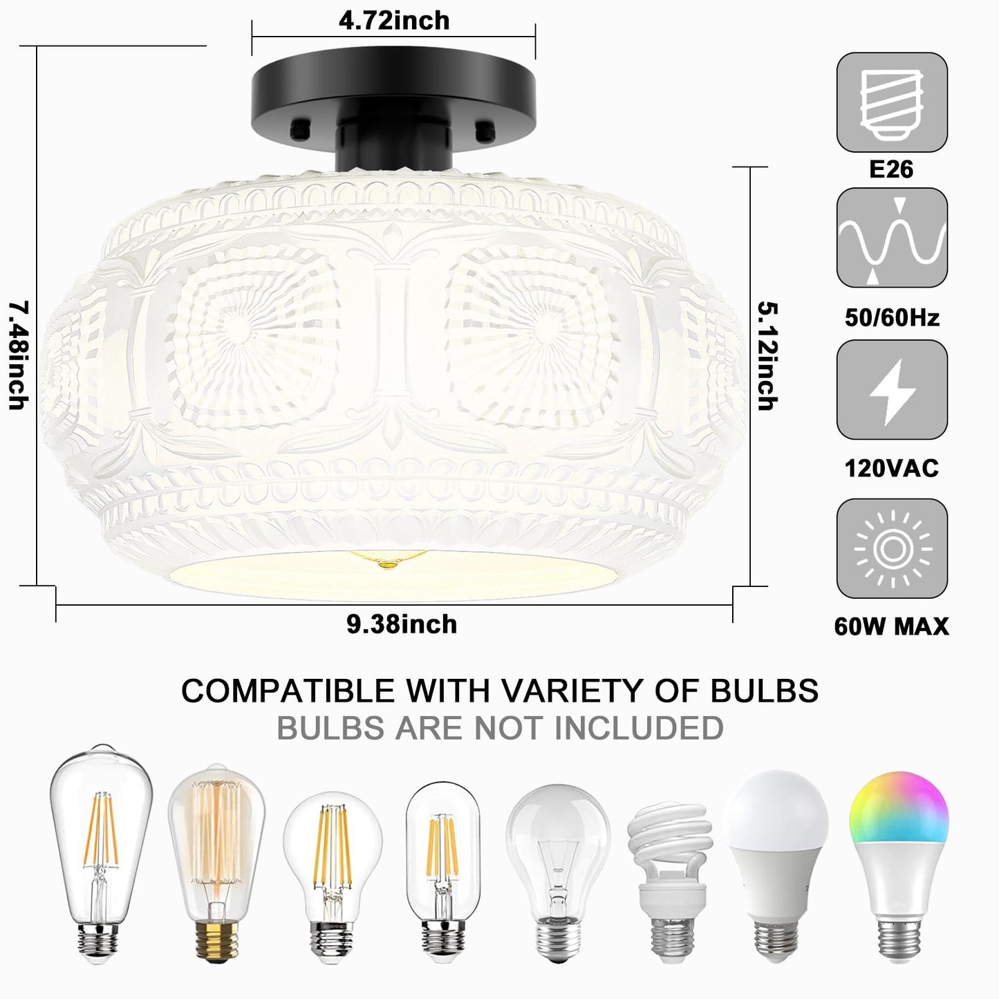 Semi Flush Mount Ceiling Light, Globe Glass Ceiling Light Fixture, Black Modern Lighting (Bulb Not Included)