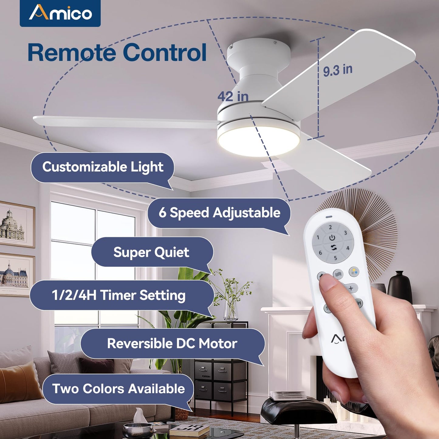 Amico Ceiling Fans with Lights, 42 inch Low Profile Ceiling Fan with Light and Remote Control, Flush Mount, Reversible, 3CCT, Dimmable, Noiseless, Black Ceiling Fan for Bedroom, Indoor/Outdoor Use