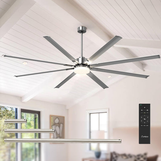 Amico 100 Inch Ceiling Fan with Light, Industrial Large Ceiling Fan with 8 Aluminum Reversible Blades, 6-Speed Remote Control, Quiet DC Motor, Indoor/Outdoor Ceiling Fan for Porch/Garage/Shop, Nickel