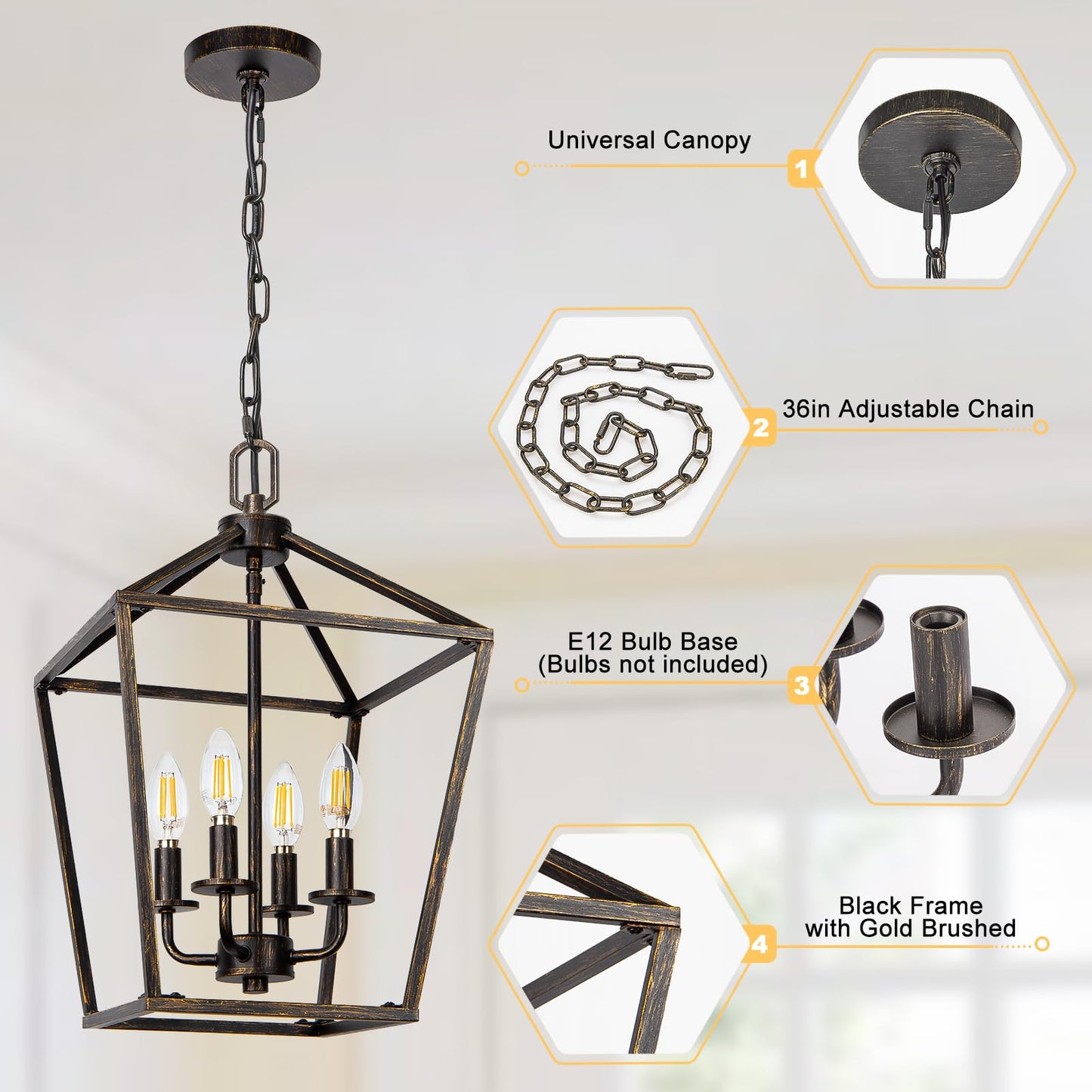 4 Light Chandelier, Industrial Ceiling Light Black Lantern Light Fixtures with Farmhouse Metal Cage Adjustable Height Rustic Geometric Hanging Light E12 Base for Kitchen Island, Entryway, Indoor