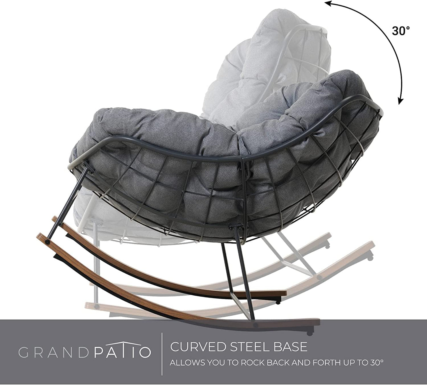 Grand patio Rocking Chair Outdoor, E-Coated Papasan Rocking Chair with Cushion, Outdoor Rocker Recliner Chair for Patio Porch Garden Backyard, Grey