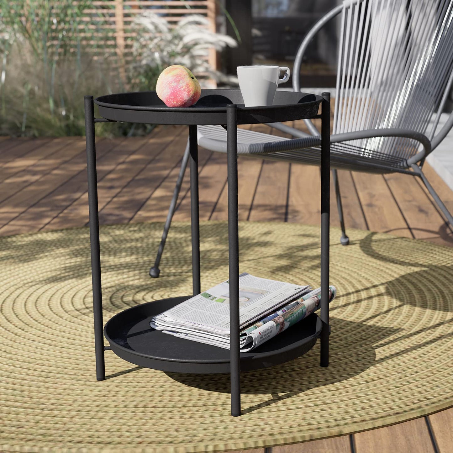 Grand patio Outdoor Side Table, 18-inch Small Round Side Table, Black Patio End Table with Adjustable Feet, Elegant Accent Side Table for Balcony Porch Deck Poolside