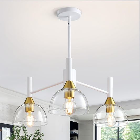 Dining Room Chandeliers Light - 3-Light Modern Chandelier with Thickened Glass Shade, Height Adjustable Mid Century Ceiling Lighting Fixture for Bedroom Kitchen Entryway Foyer