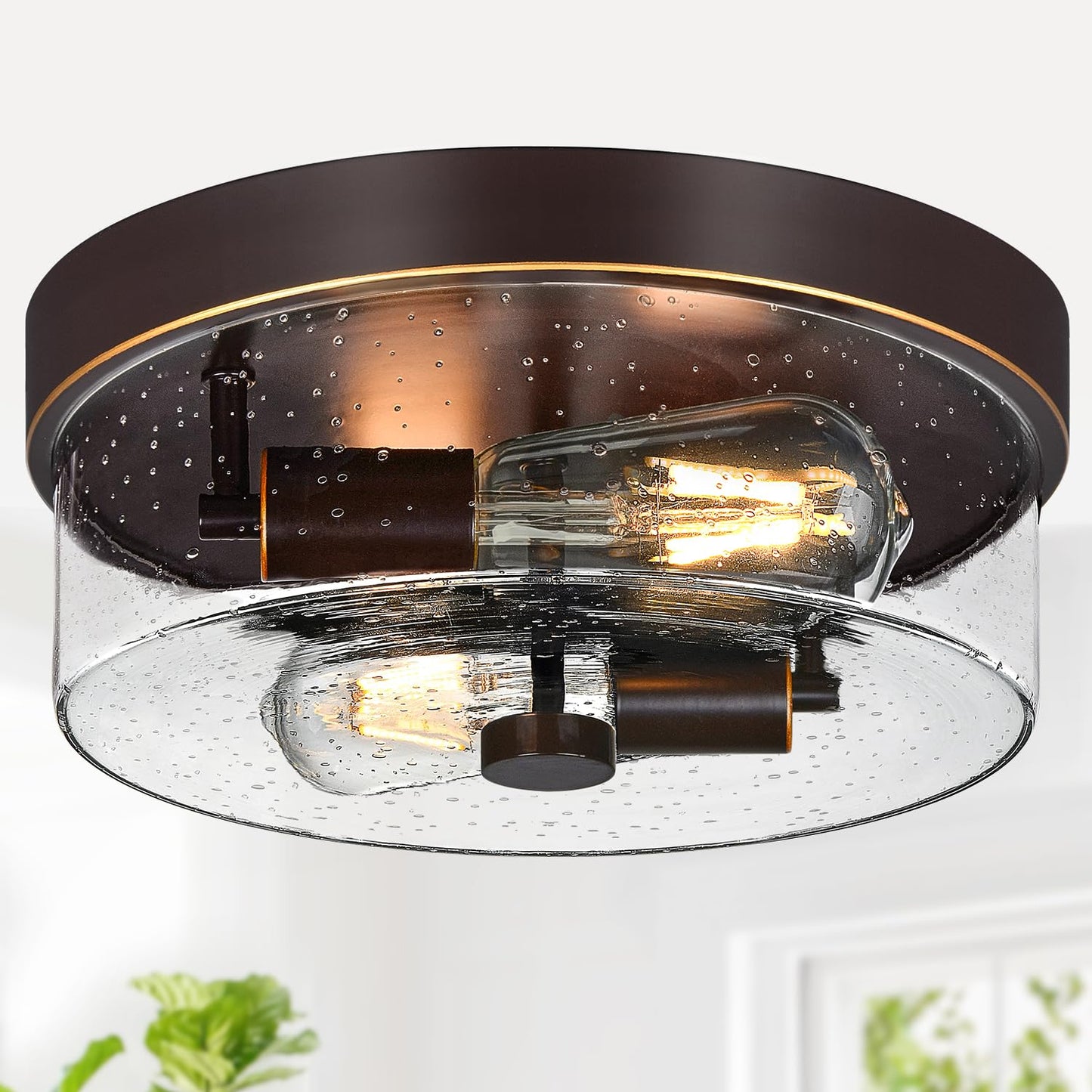 Black Flush Mount Ceiling Light Fixtures, 2-Light Ceiling Mount for Farmhouse with Seeded Glass Lampshade, Industrial Flush Mount Light Fixture Farmhouse for Hallway, Kitchen, Entryway and Foyer