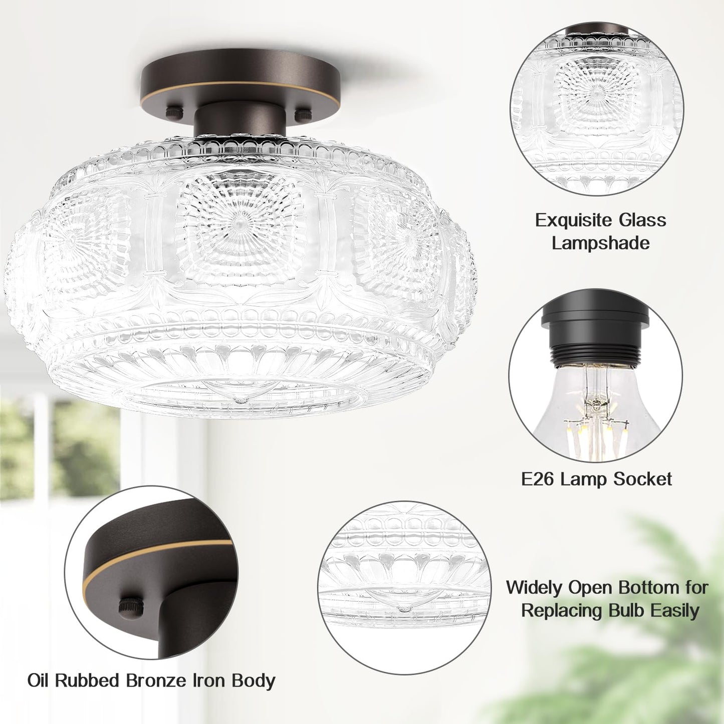 Semi Flush Mount Ceiling Light, Globe Glass Ceiling Light Fixture, Black Modern Lighting (Bulb Not Included)