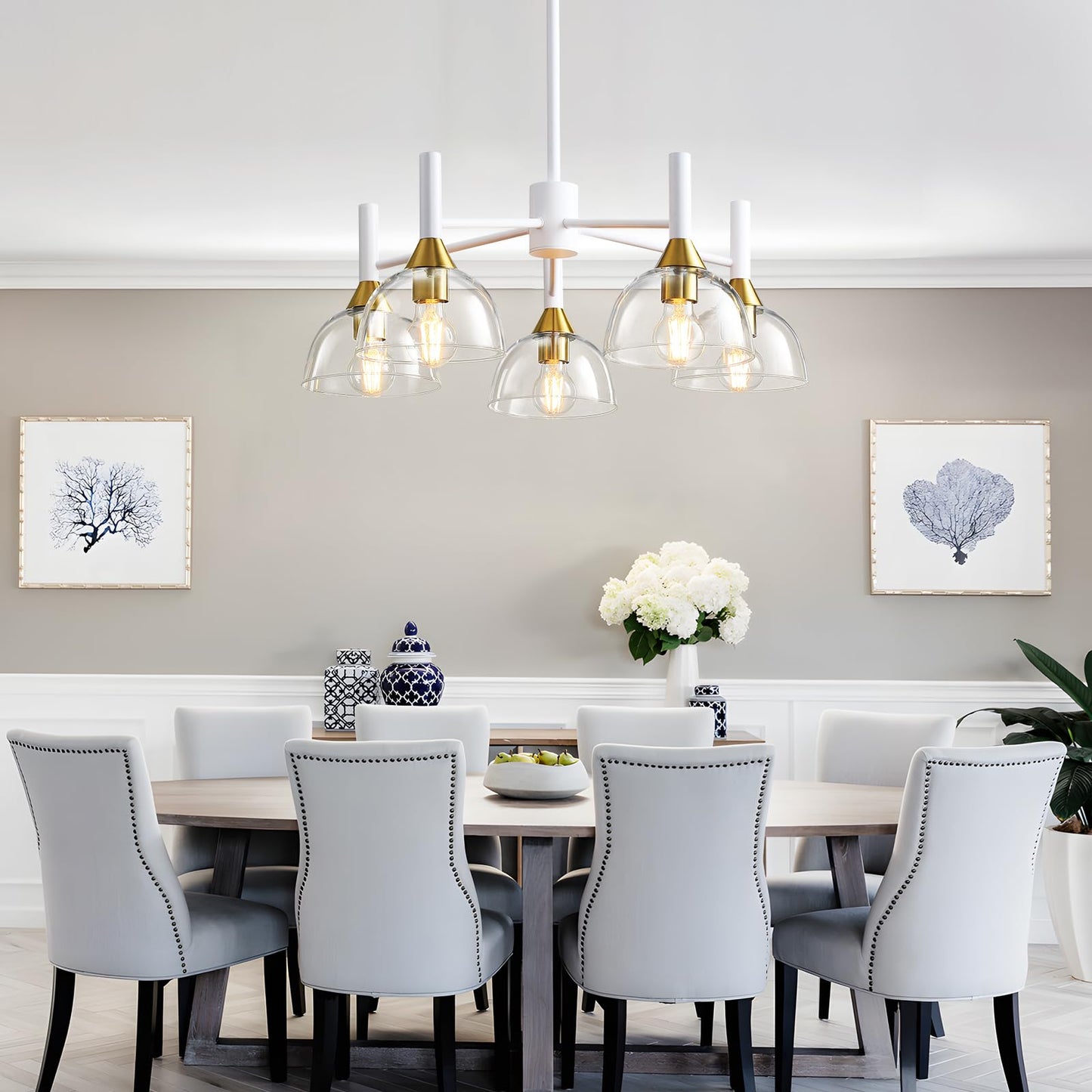 Dining Room Chandeliers Light - 5-Light White and Gold Modern Chandeliers Light Fixtures with Sturdy Clear Glass Lampshades, Height Adjustable Pendant Island Light for Living Room Farmhouse