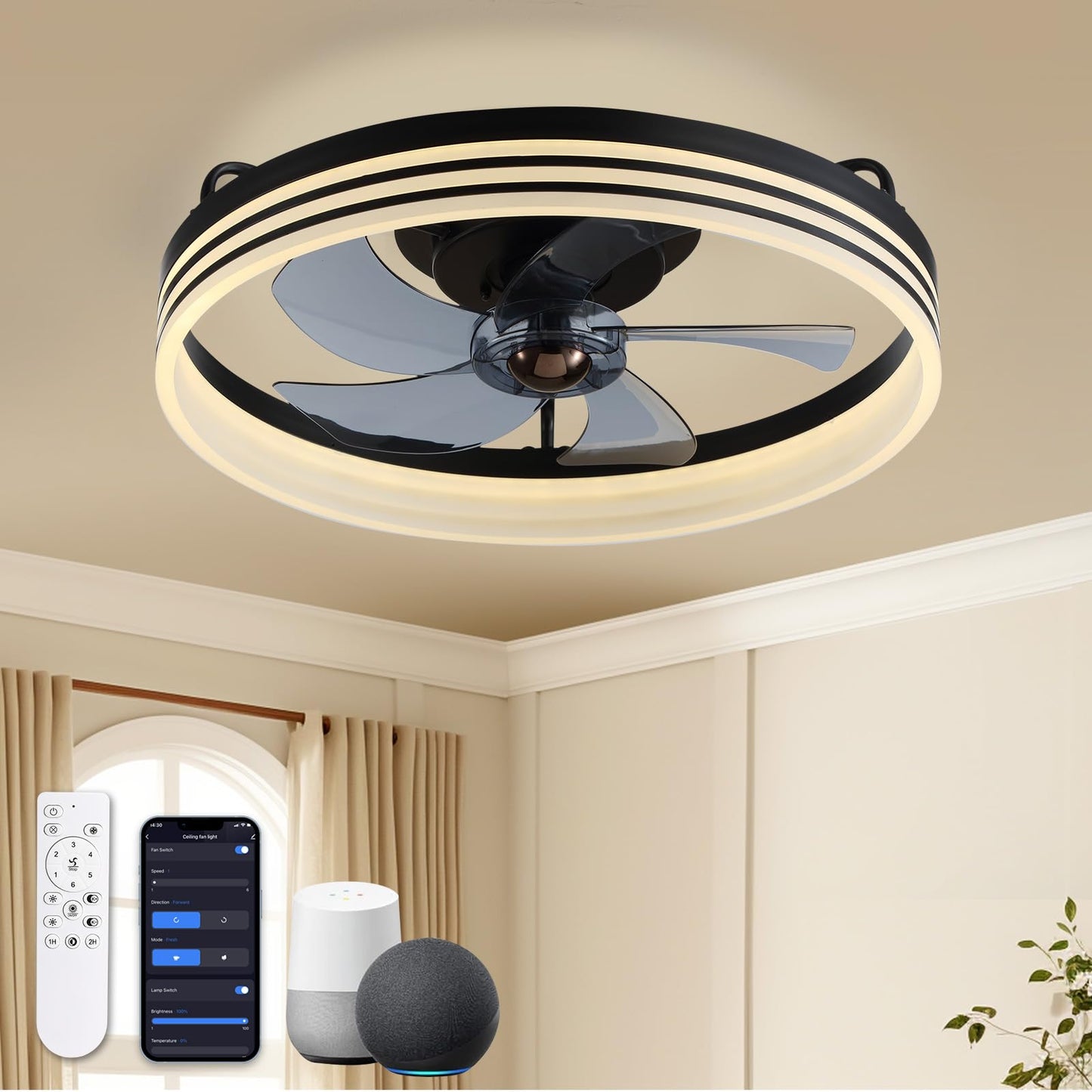 Flush Mount Ceiling Fan with Lights and Remote 20" (Black)