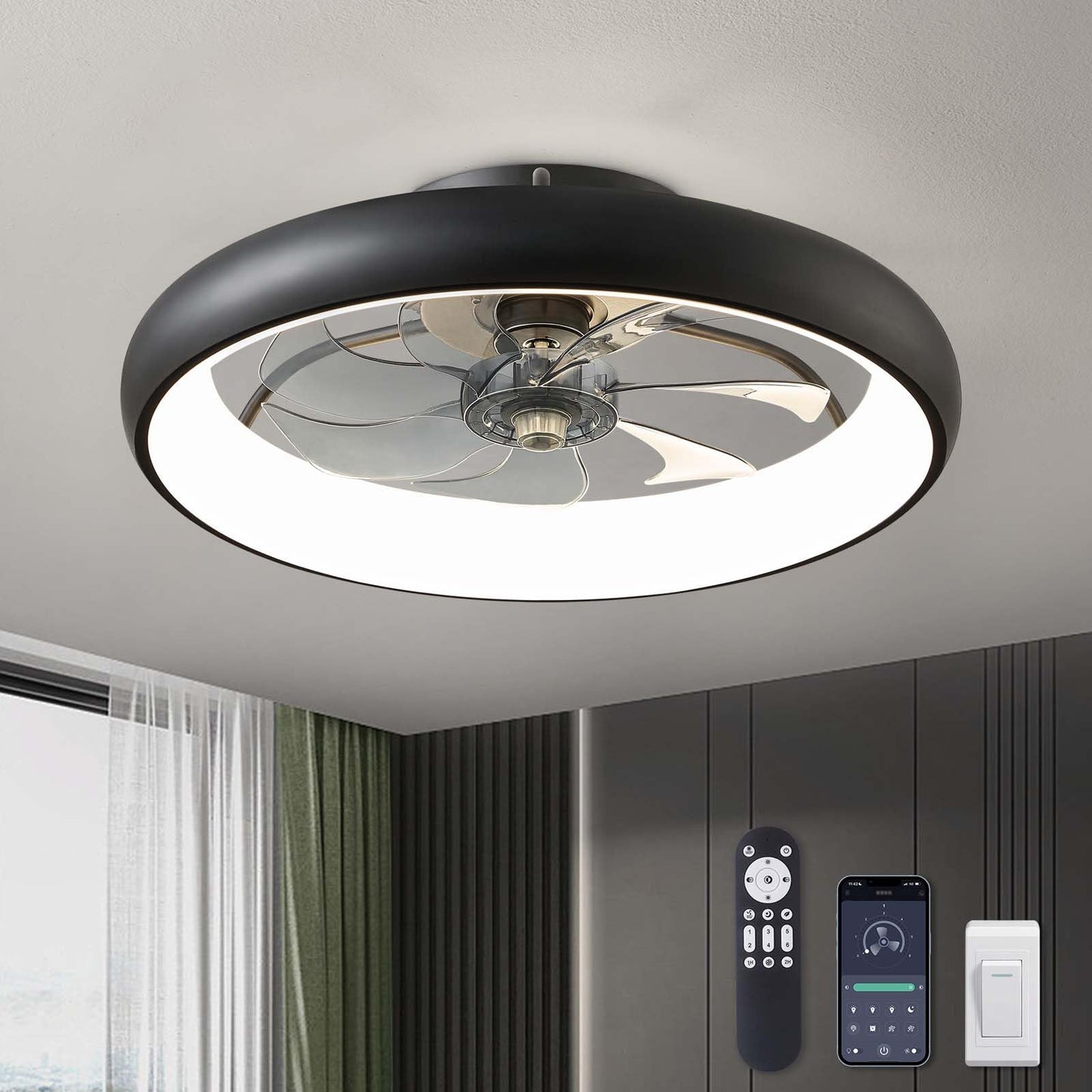 Flush Mount Ceiling Fan with Lights and Remote 20" (Black)